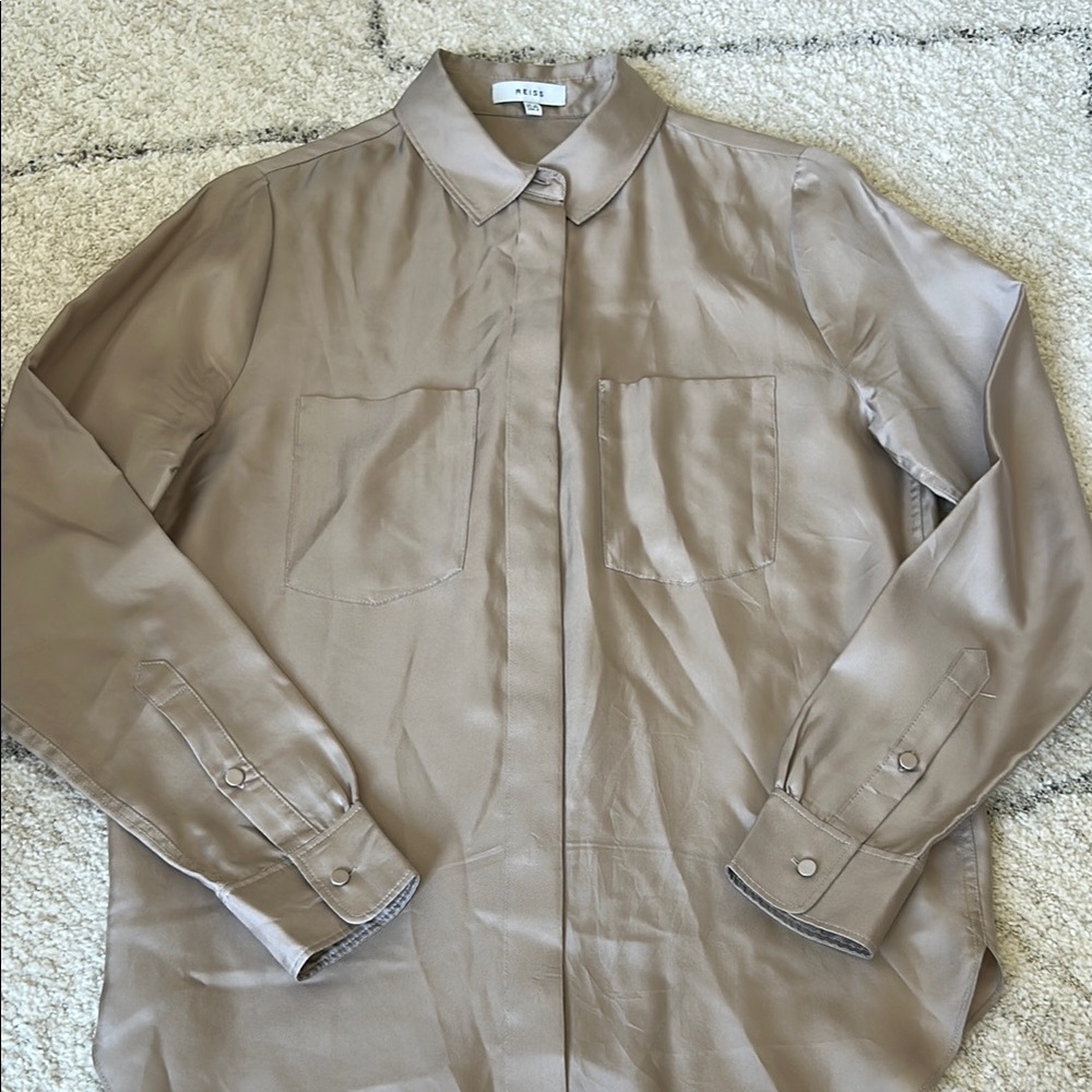 Reiss Tan Button Down Blouse with Peter Pan Collar